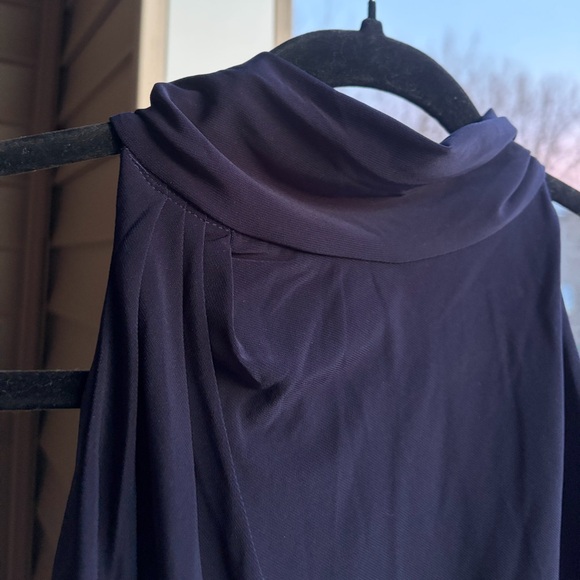 🆕Jewel Badgley Mischka Navy Ruched Sleeveless Midi Dress Size 12 Elegant Stretch - Picture 10 of 15